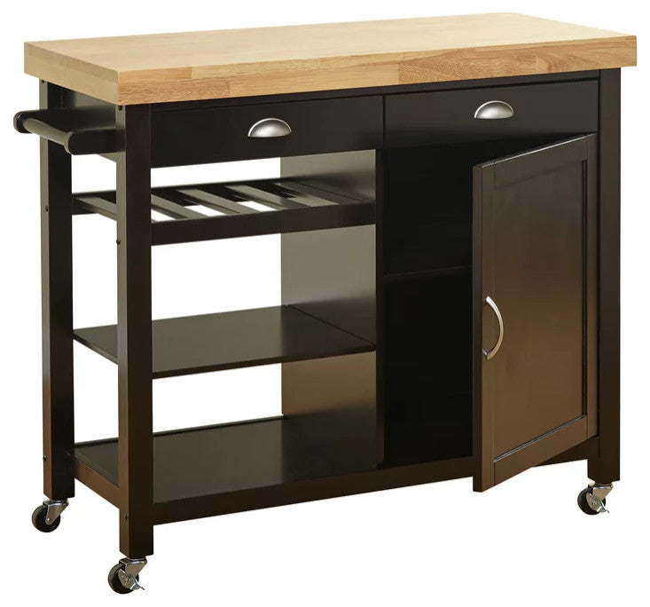 Modern Kitchen Cart, 3 Open Shelves & Storage Drawers With Natural Top, Wenge
