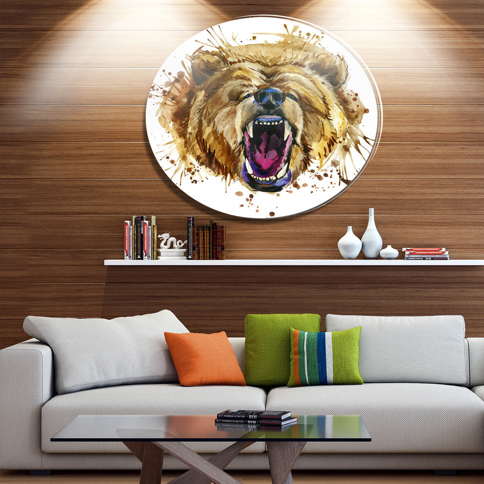 Growling Grizzly Bear Watercolor, Animal Round Wall Art, 23"