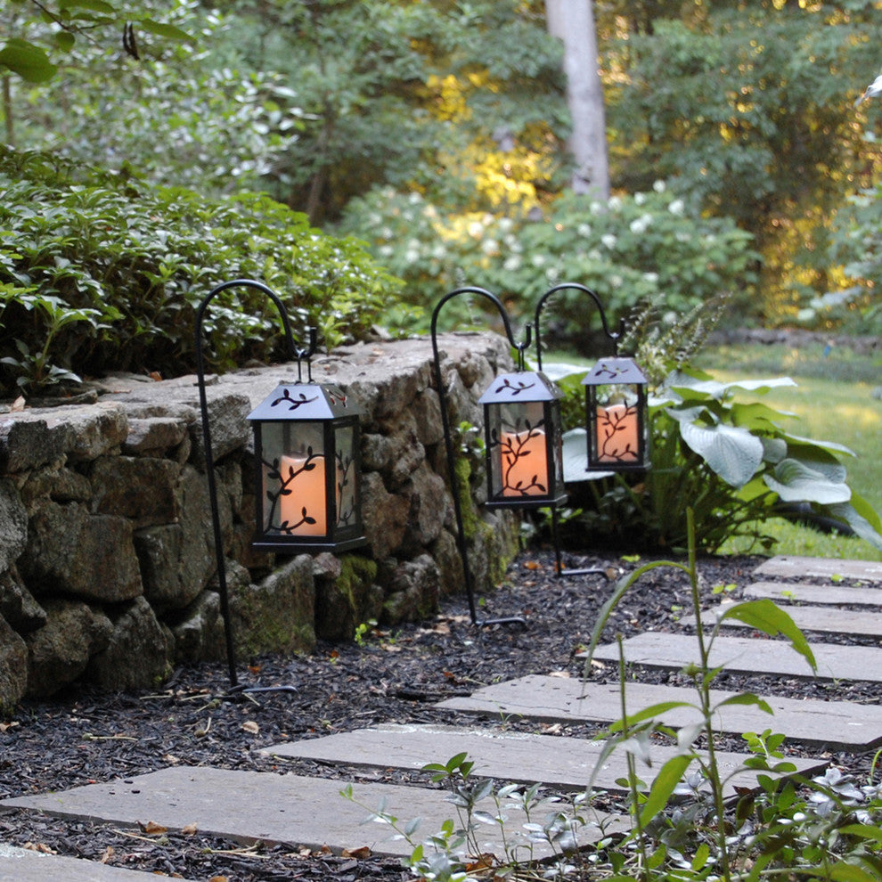 Metal Lantern with Flickering LED Candle, Black Vine