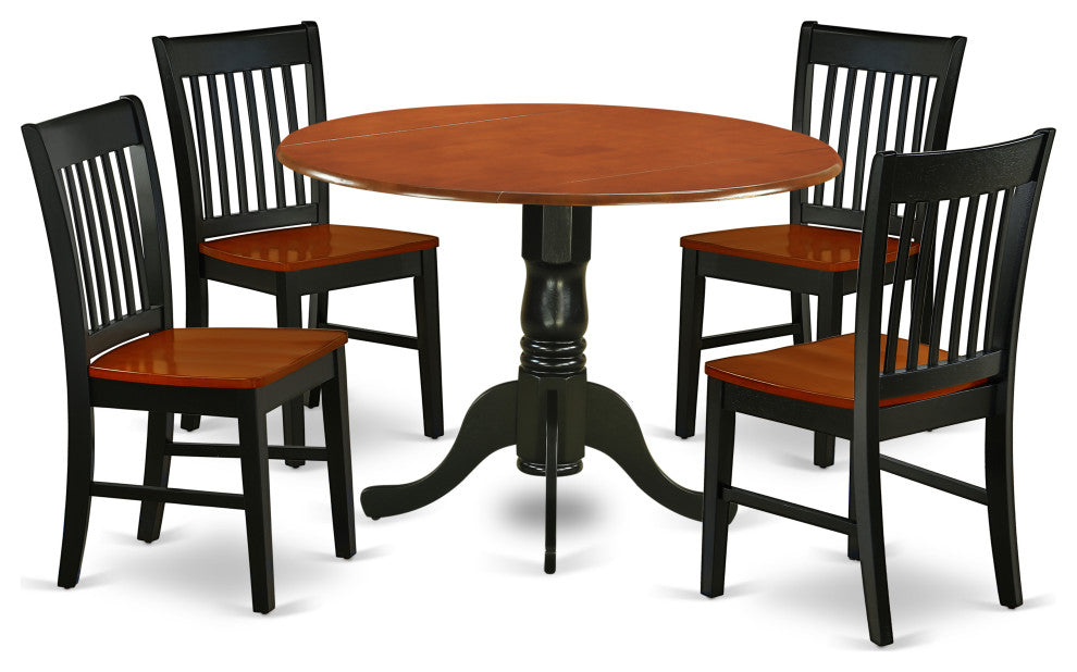 5Pc Rounded 42" Kitchen Table, Two 9"Drop Leaves, Four Wood Seat Kitchen Chairs