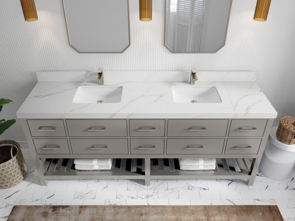 Parker 84" Double Sink Bath Vanity, Elephant Skin Gray 2" Calacatta Sienna