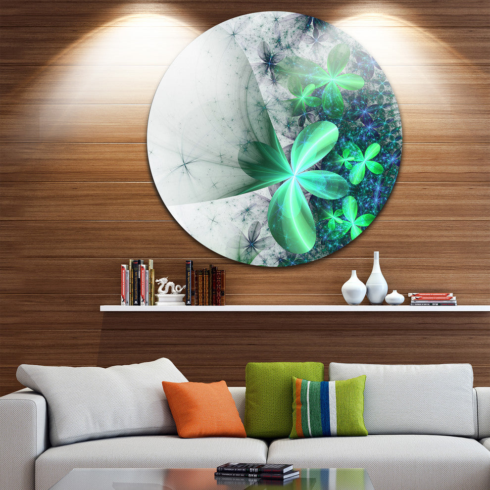 Sparkling Green And Blue Fractal Flower, Floral Disc Metal Artwork, 23"