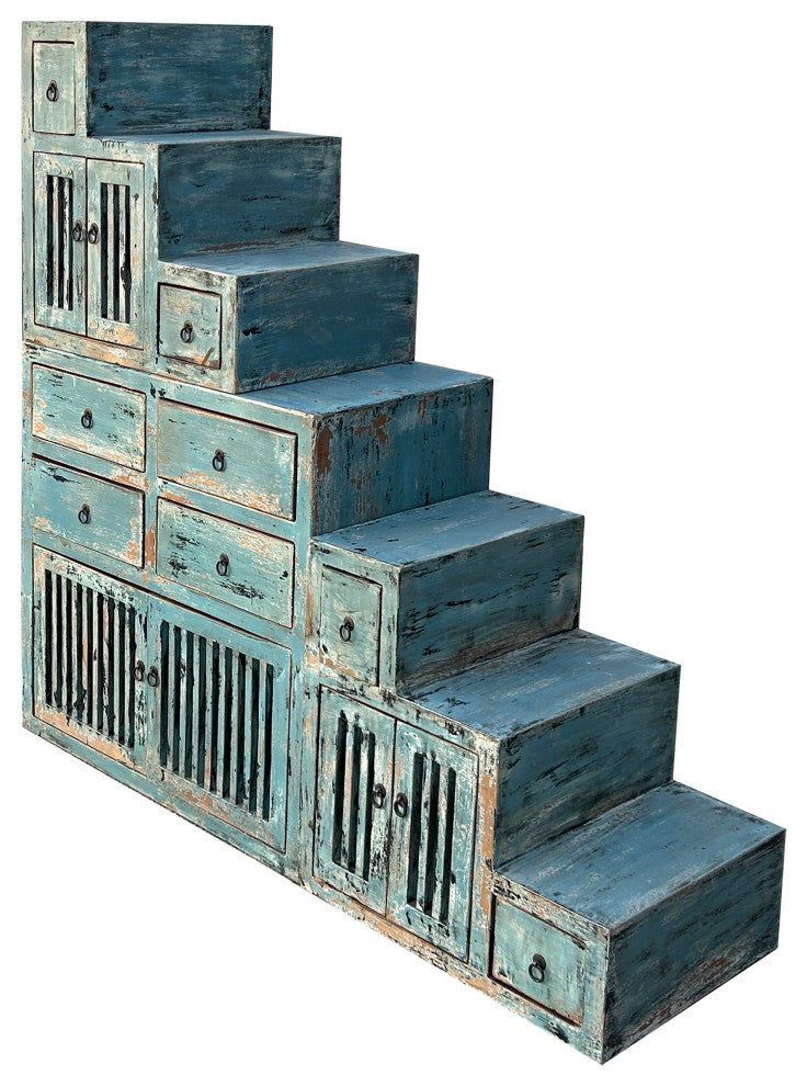 Distressed Pastel Blue Triangle Step Tansu Cabinet Display Room Divider Hws4357
