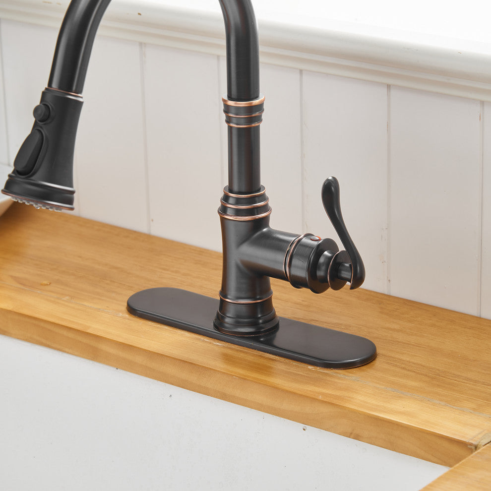 Wellfor Single Level Stainless Steel Kitchen Sink Faucet With Pull down Sprayer, Oil Rubbed Bronze