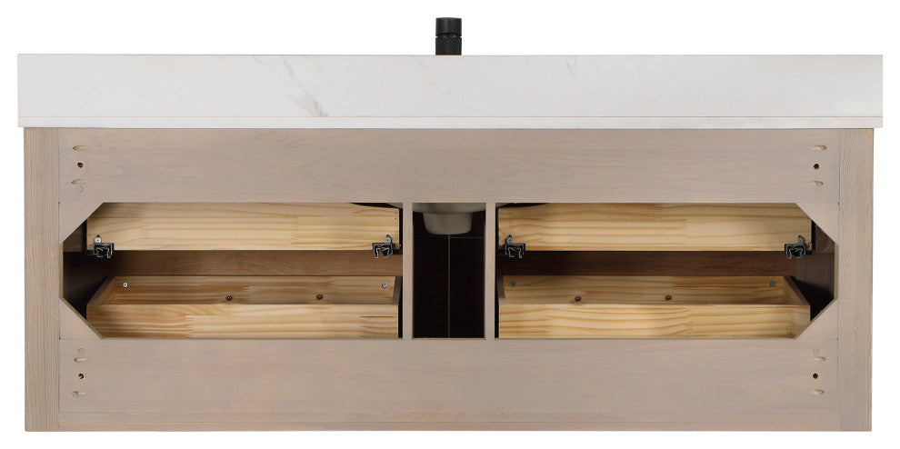 Cristo Floating Bath Vanity With Stone Top, Fir Wood Brown, 55in., No Mirror