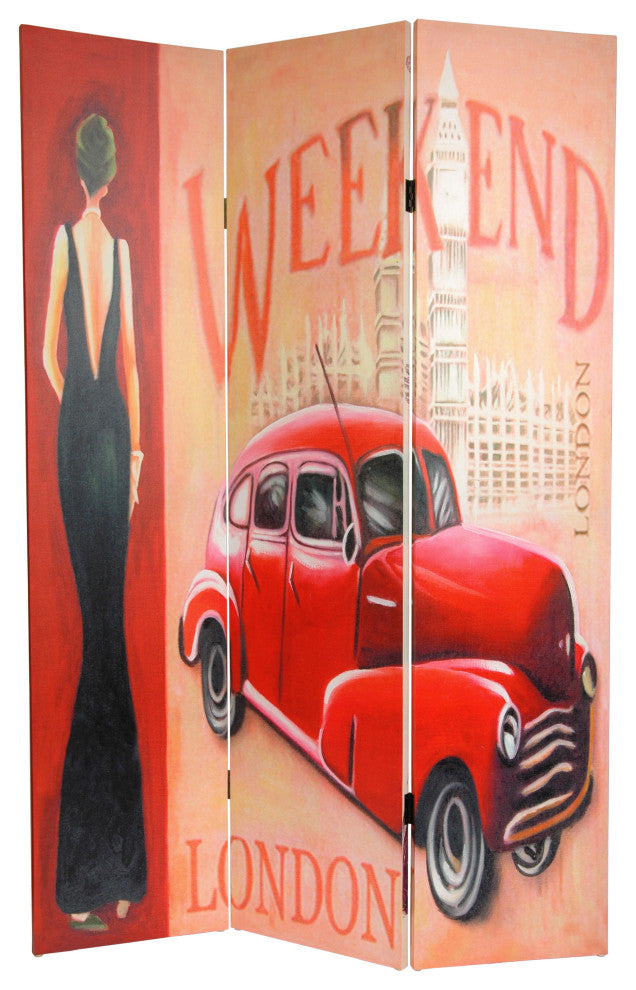6' Tall Double Sided Vintage Weekend Canvas Room Divider, London
