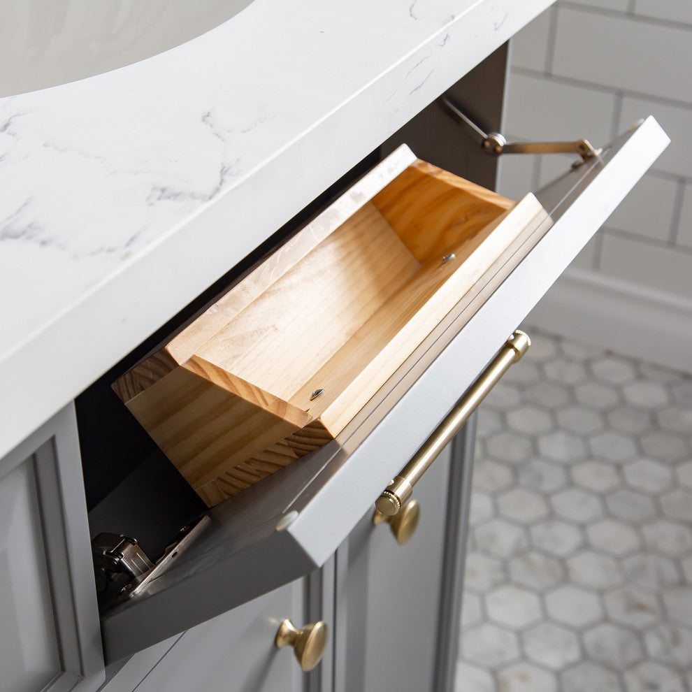 60" Palace Quartz Gray Vanity With Brass Hardware, Faucets and Chrome Mirrors