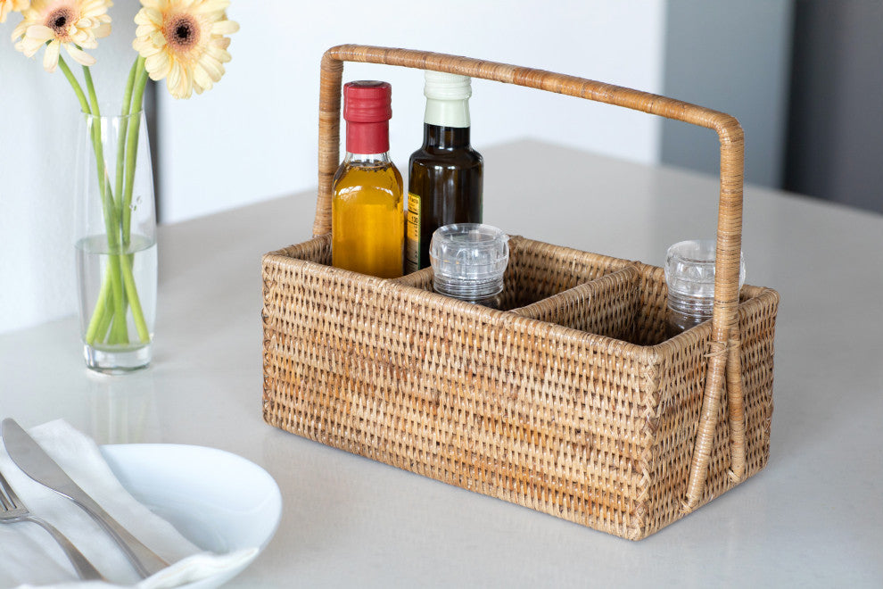 Artifacts Rattan™ 3 Section Caddy/Cutlery Holder with Handle, Honey Brown