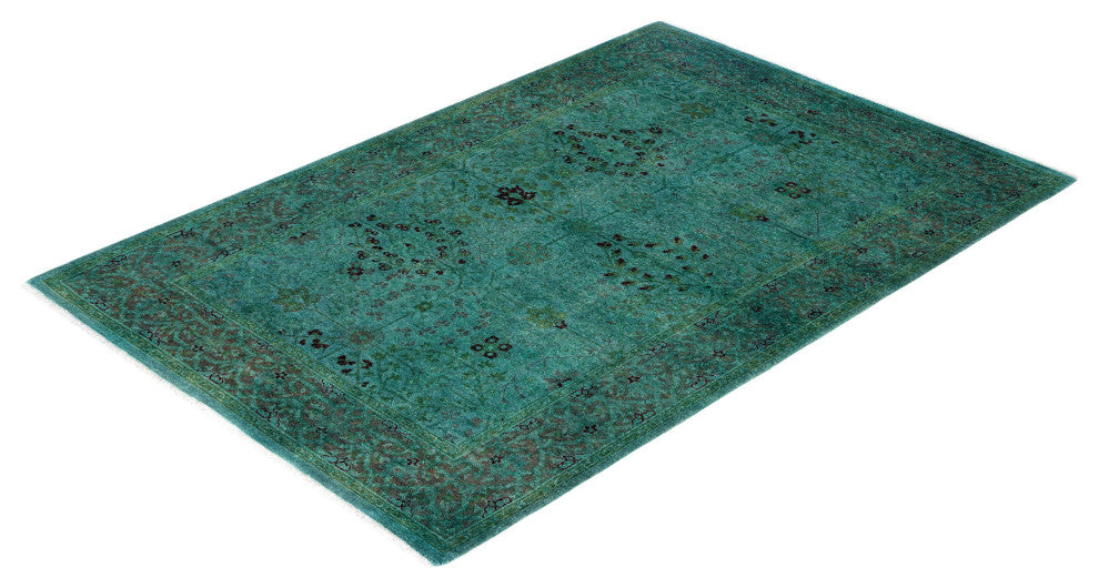 Overdyed One-of-a-Kind Hand-Knotted Area Rug Green, 4' 2" x 6' 3"