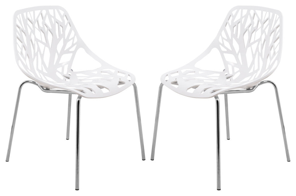 Leisuremod Asbury Plastic Stackable Dining Chair With Chromed Legs, Set of 2, White