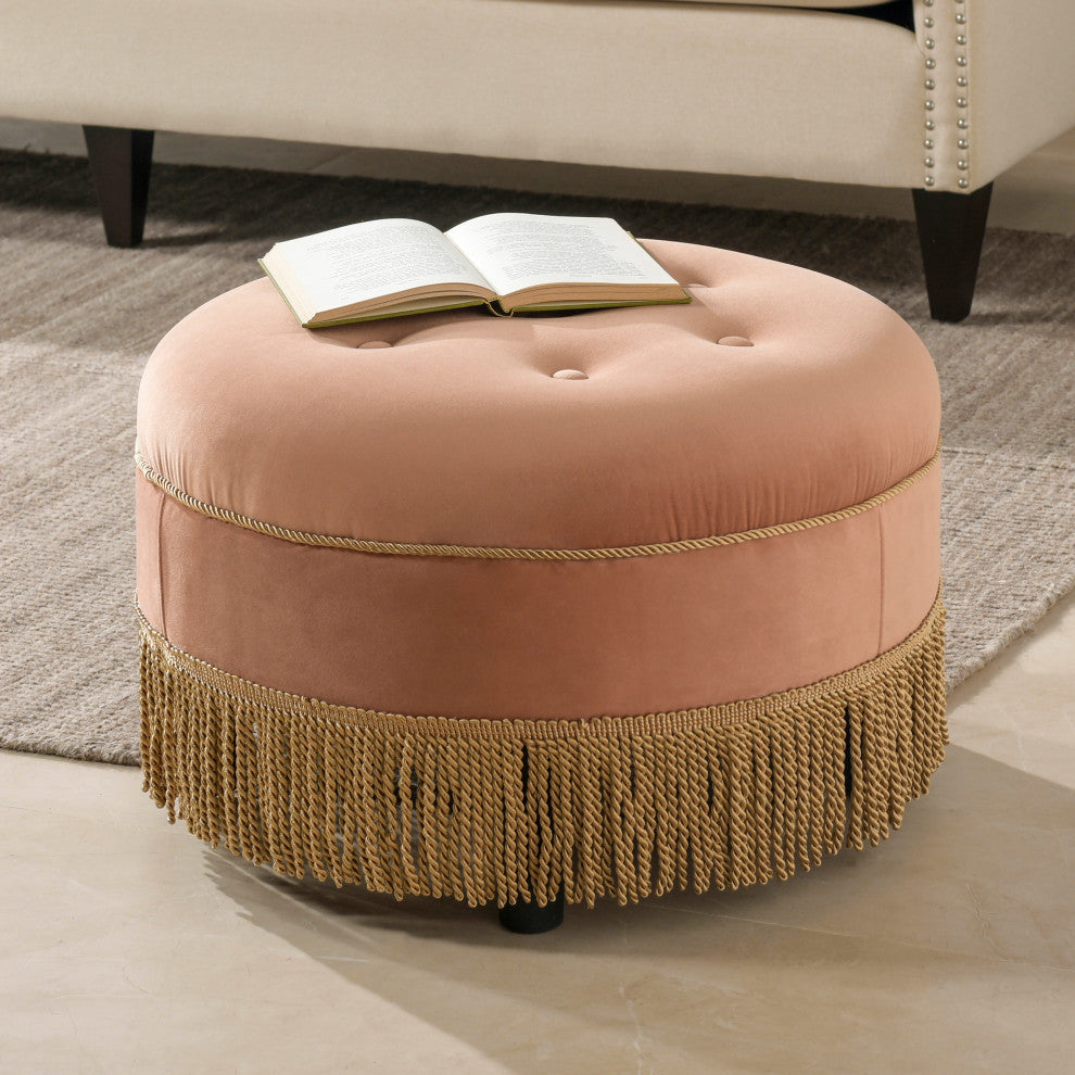 Yolanda 24" Upholstered Round Accent Ottoman, Peach Orange Velvet