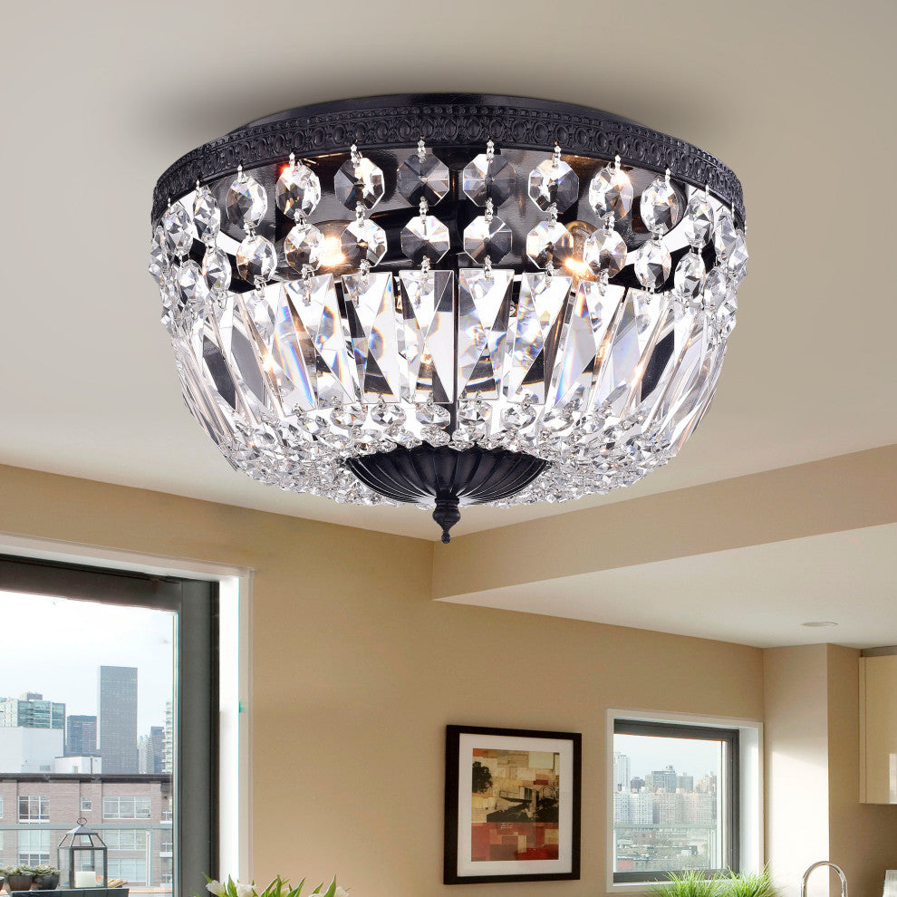 3-Light Bowl Style Crystal Basket Black Flush Mount Chandelier
