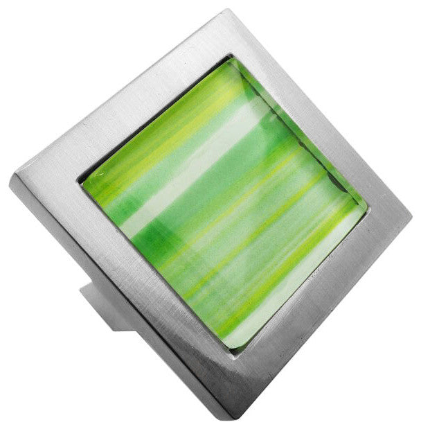 Hand Brushed Yellow Green Stripes Crystal Glass Brushed Nickel Square Manor Knob