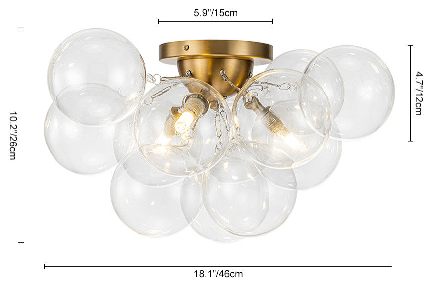 Modern 3-Light Sputnik Design Clear Glass Bubble Semi Flush Mount, Brass