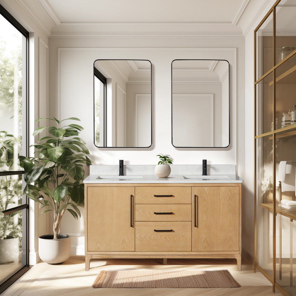 Gara Bath Vanity, Stone Top, Washed Ash Grey, 60", Double Vanity, No Mirror