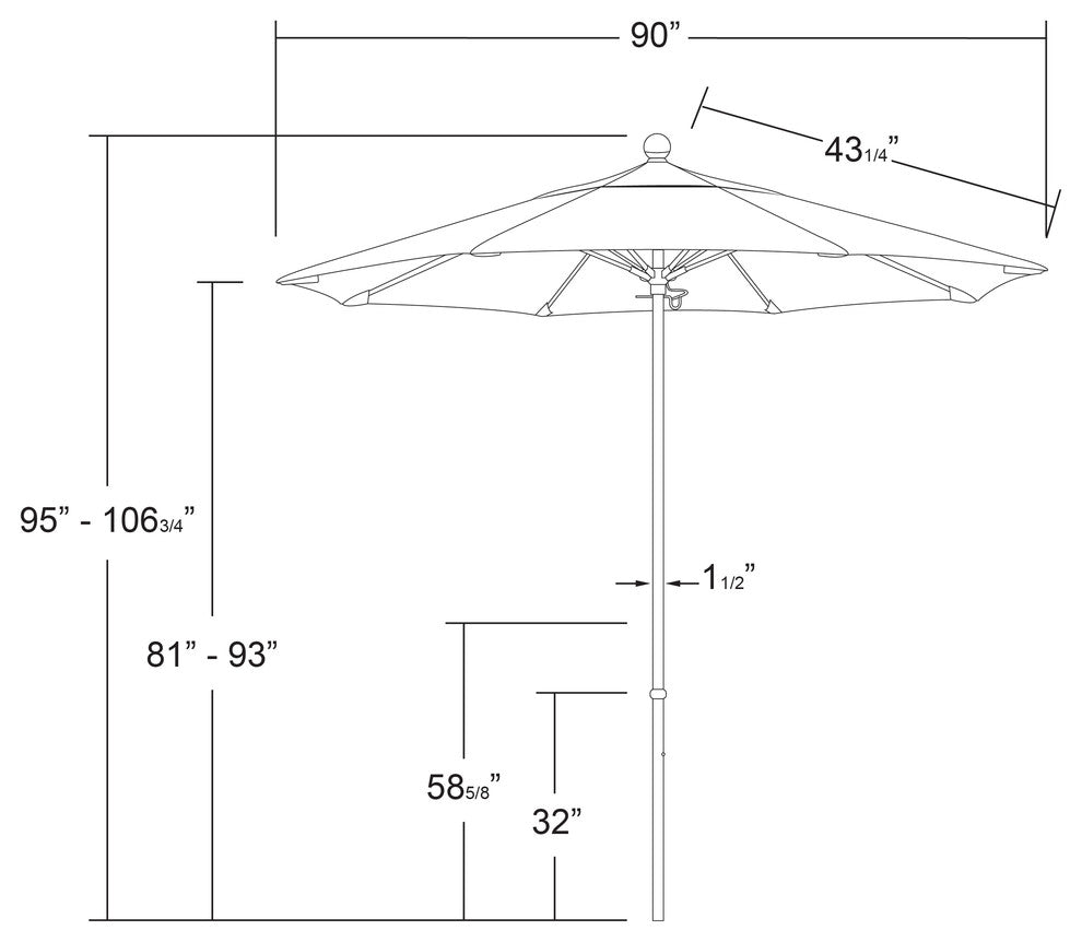 7.5'  Black Push Lift Fiberglass Umbrella, Canvas Pacifica