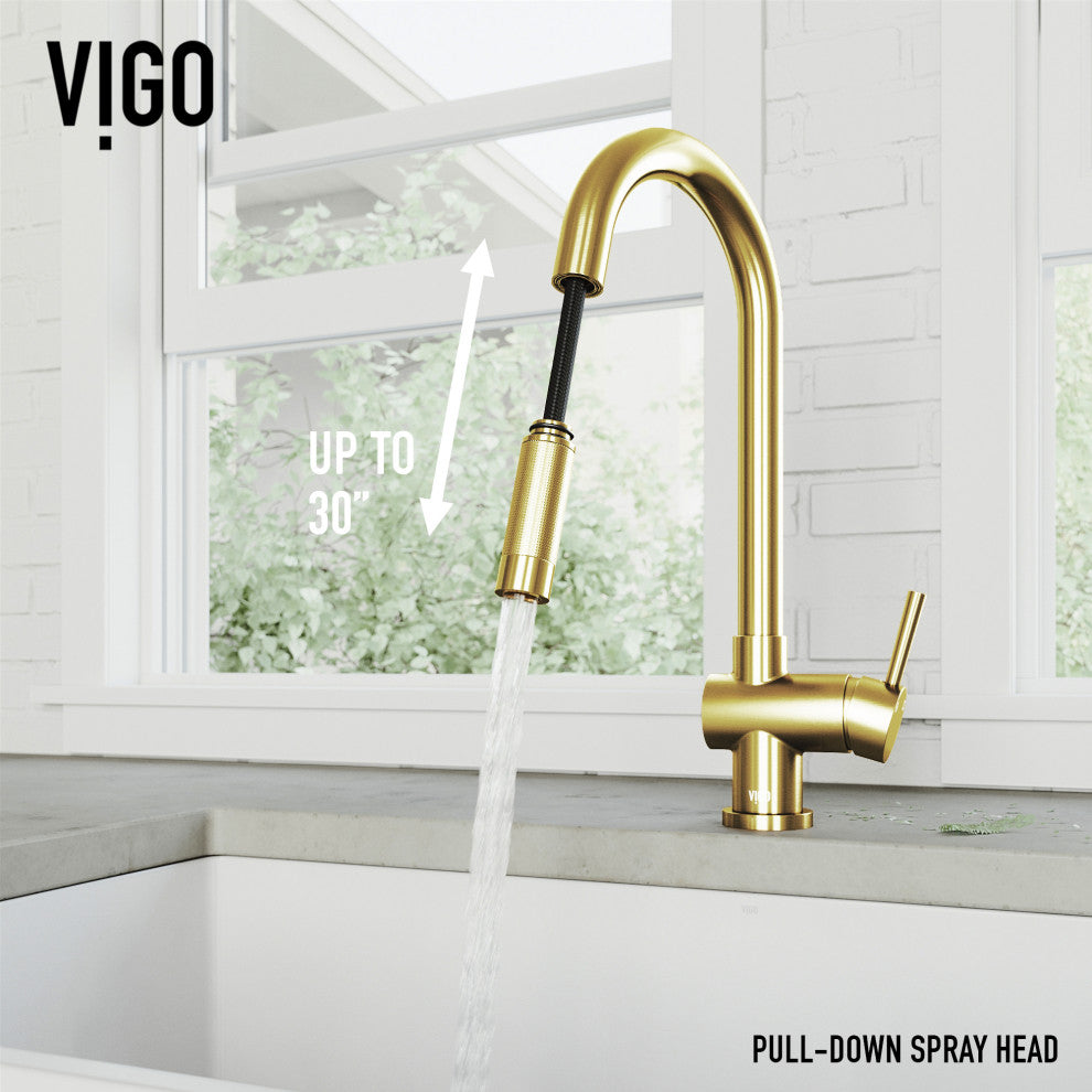 VIGO Gramercy 17" H Single Handle Pull-Down Sprayer Kitchen Faucet, Matte Brushed Gold, No Sensor, Without Extras