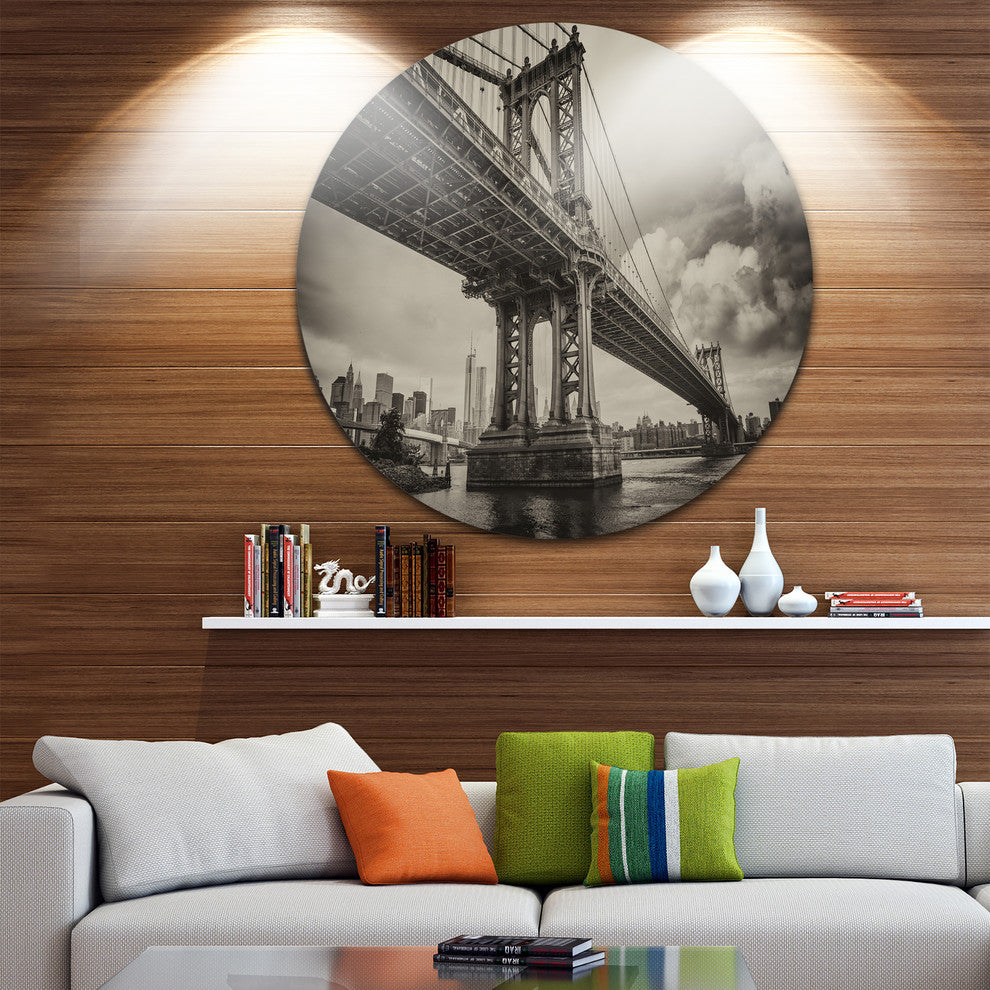 Manhattan Bridge In Dark Gray, Cityscape Photo Disc Metal Wall Art, 36"