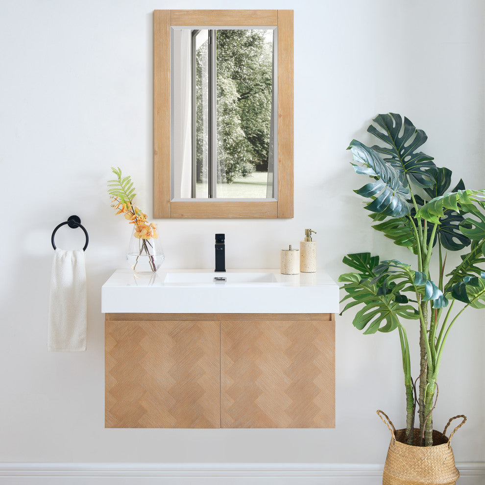 Ivy Rectangular Bathroom Wood Framed Wall Mirror, Light Brown, 24"