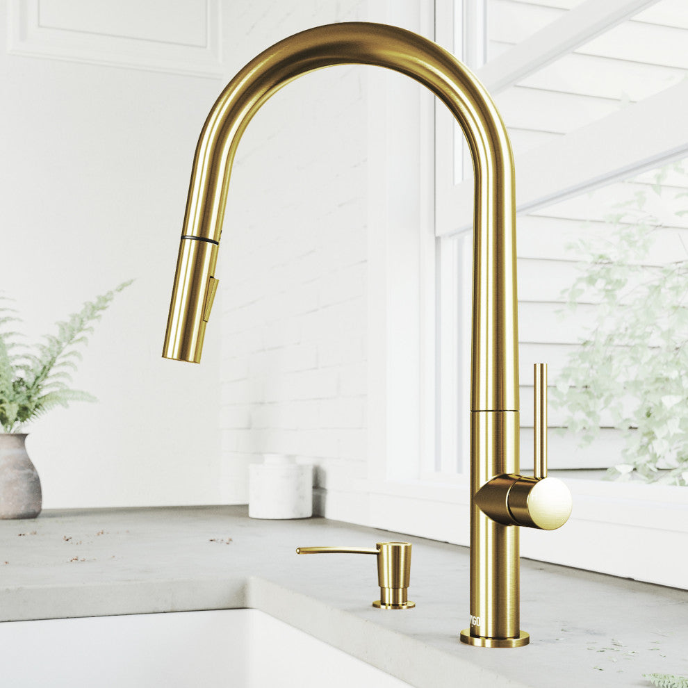VIGO Greenwich 18" H Single Handle Pull-Down Sprayer Kitchen Faucet, Matte Brushed Gold, No Sensor, With Soap Dispenser