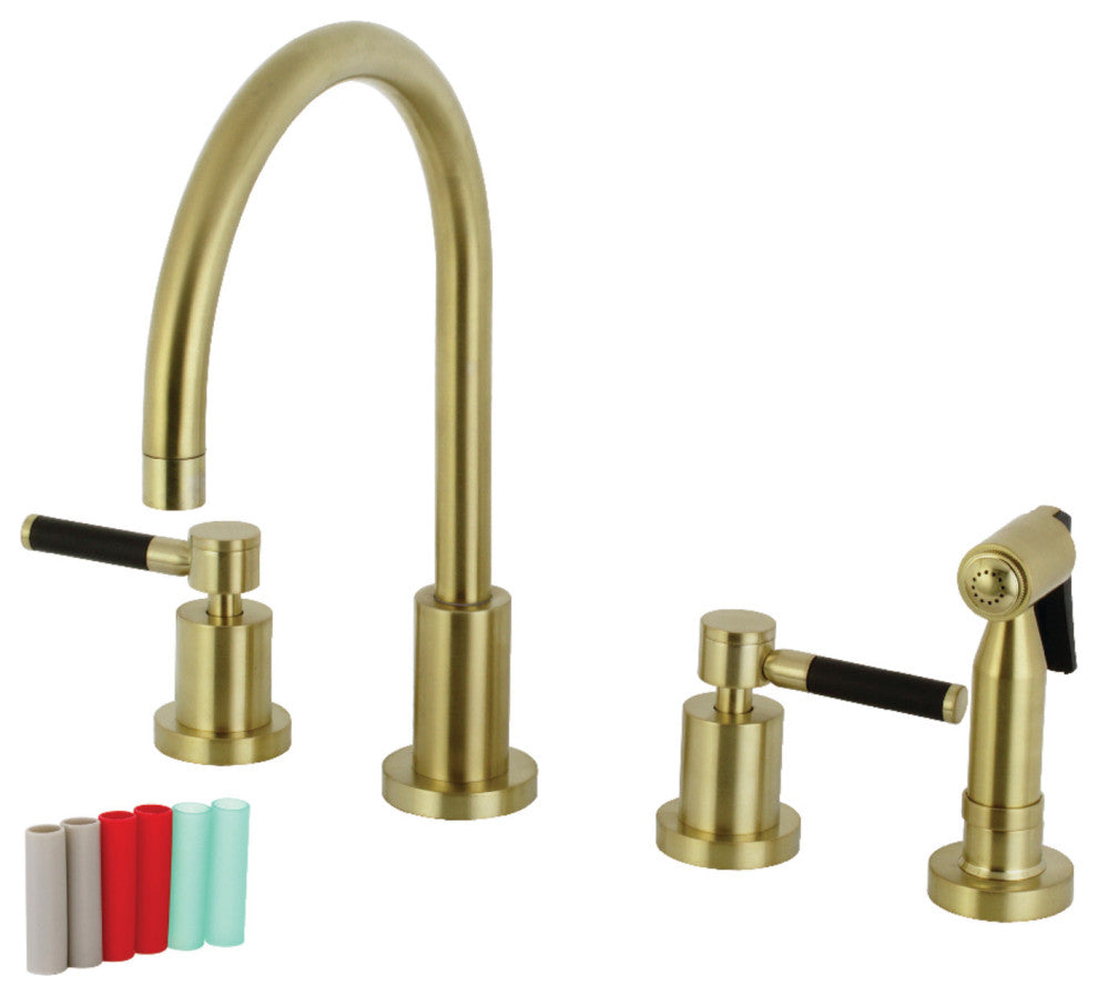 KS8727DKLBS 8" Widespread Kitchen Faucet With Brass Sprayer, Brushed Brass