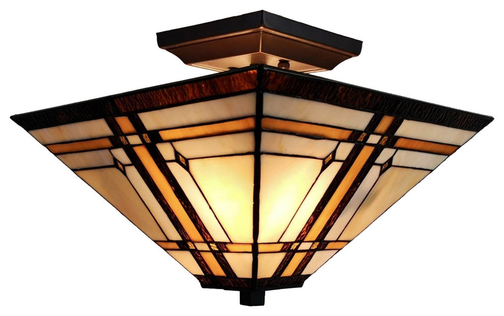 Amora AM085CL14B Tiffany-Style Mission 2-Light Semi-Flush Ceiling Fixture, 14"