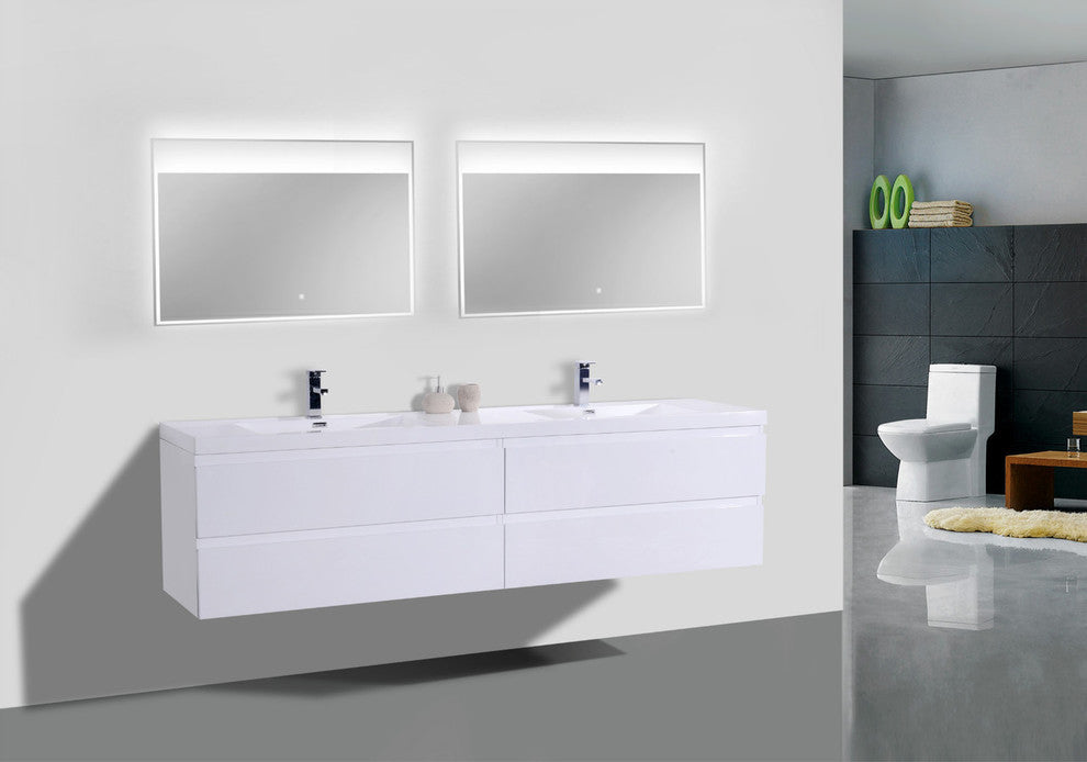 MOB 72" Double Sink Wall Mounted Vanity With Acrylic Sink, High Gloss White