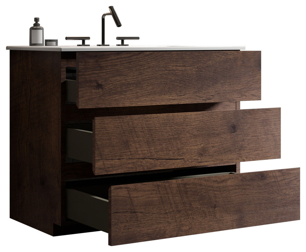 Freestanding Bathroom Vanity Set with White Ceramic Sink Basin, Walnut, 36"