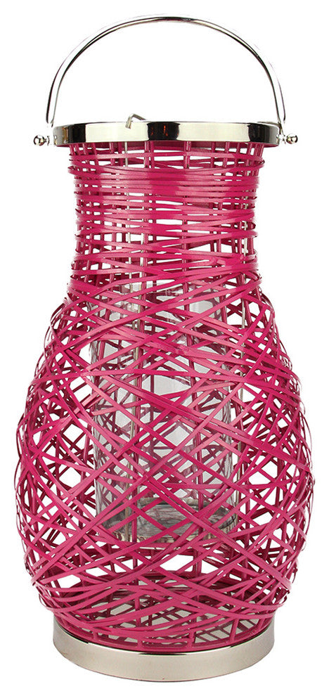 16.25" Modern Fuschia Pink Woven Iron Pillar Candle Lantern with Glass Hurricane