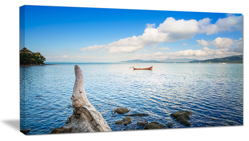 "Small Wooden Boat and Tree Trunk" Seashore Wall Art, 32"x16"