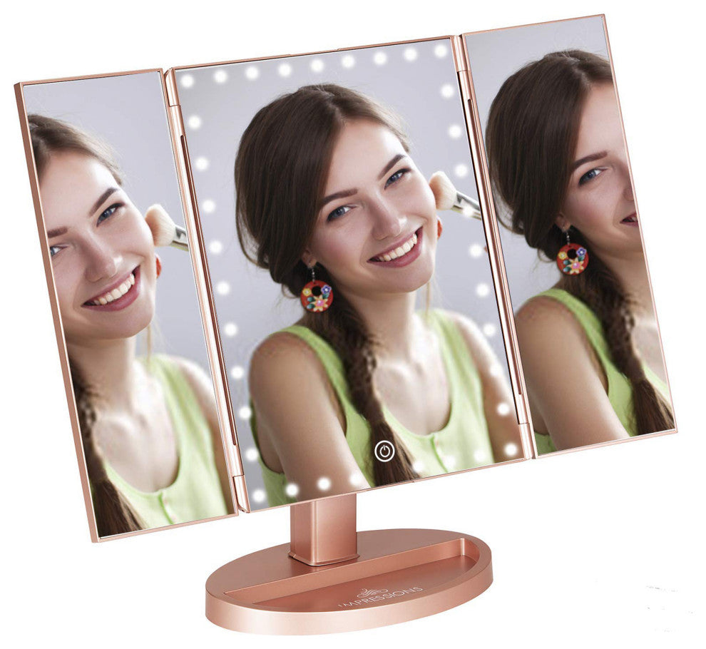 Touch Trifold XL Dimmable LED Makeup Mirror, Rose Gold