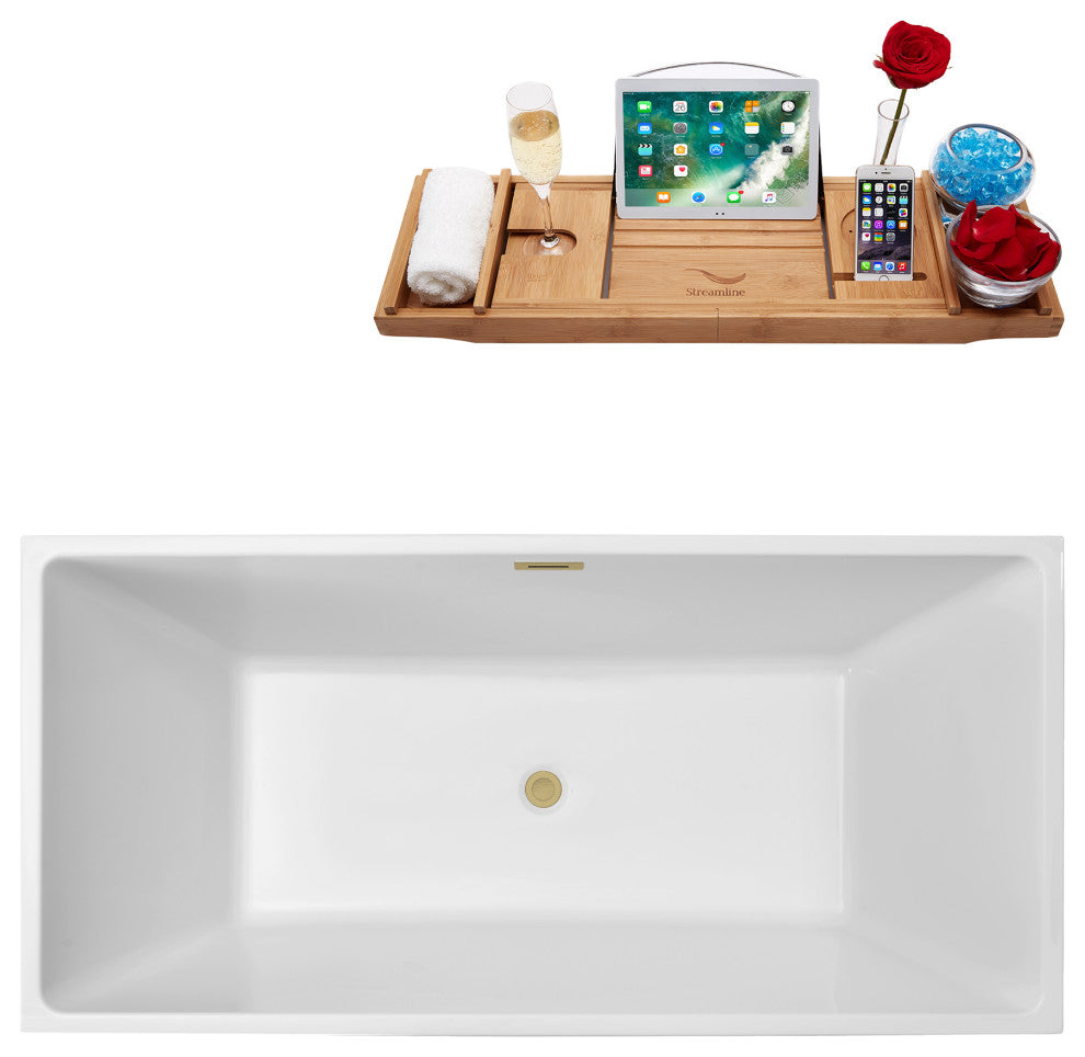 58" Streamline N262BBR Bathtub and Tray With Drain, Brushed Brass