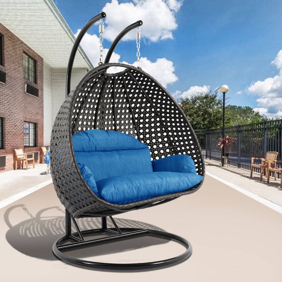 2 Person Charcoal Wicker Double Hanging Egg Swing Chair, Blue