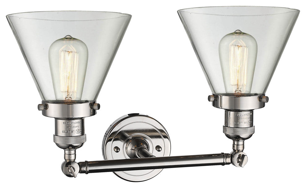 Large Cone 2-Light Bath Fixture, Clear Glass, Polished Nickel