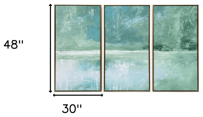 Set of Three Blue Green Abstract Water With Gold Floater Frame Painting Wall Art
