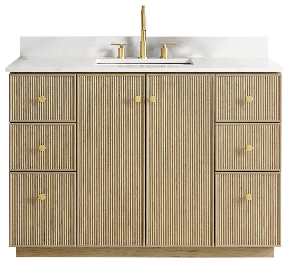 Oza Bath Vanity with Quartz Stone Top, Aged Natural Oak, 48", Single Vanity, No Mirror
