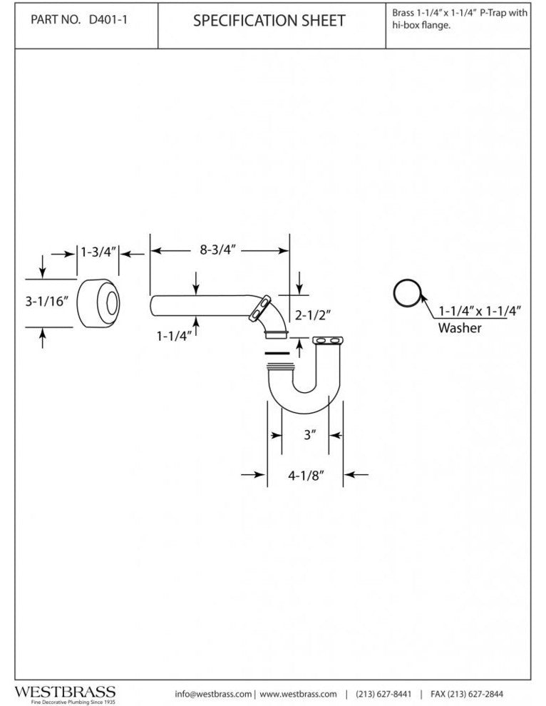 1.25" X 1.25" P-Trap With High Box Flange In Polished Brass, Polished Chrome