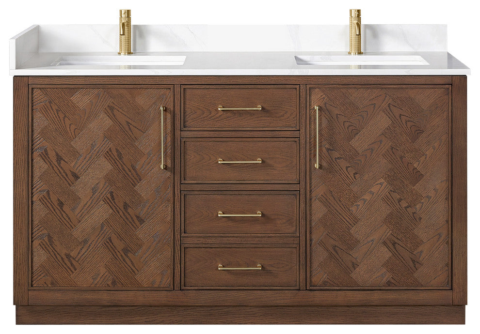 Jakarta Bath Vanity, Quartz Top No Mirror, Dark Brown Oak, 60", Double Vanity
