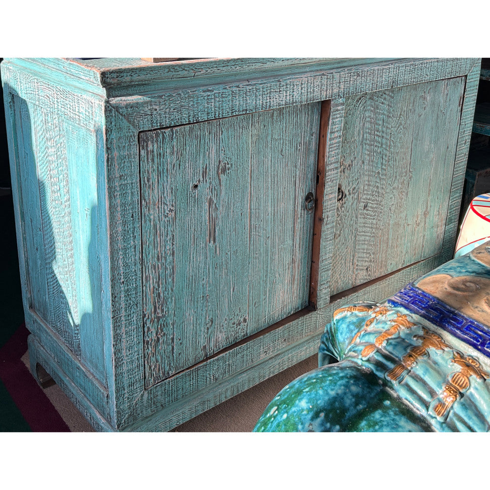Distressed Turquoise Aqua Blue Rough 2 Doors Credenza Sideboard Console Hws4344