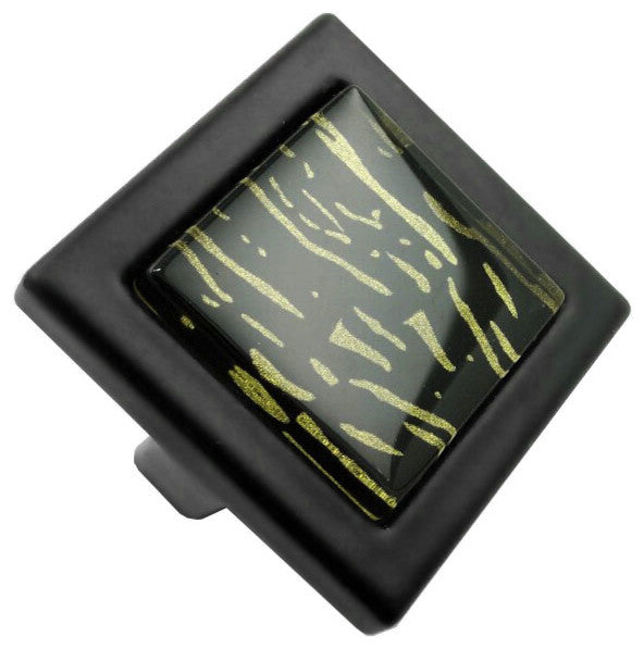 Hand Painted Abstract Golden Lines Crystal Glass Black Metal Square Manor Knob