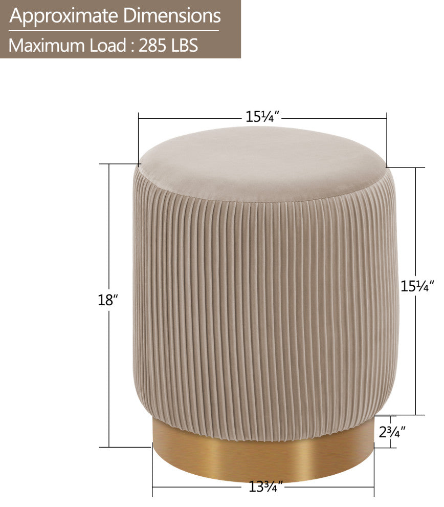 Round Pleated Golden Base Velvet Ottoman, Khaki