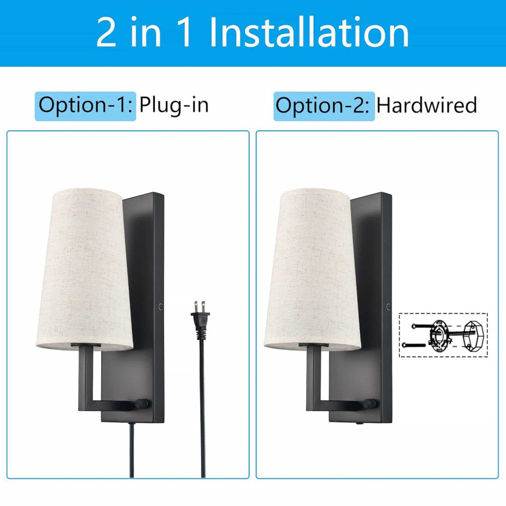 Dimmable Plug, Fabric Wall Lamps Set of Two,Black