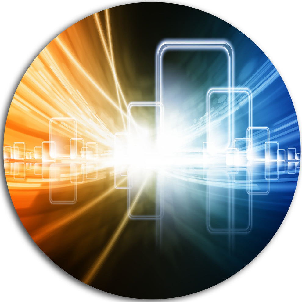 Glowing Squares And Lines, Abstract Digital Round Metal Wall Art, 38"