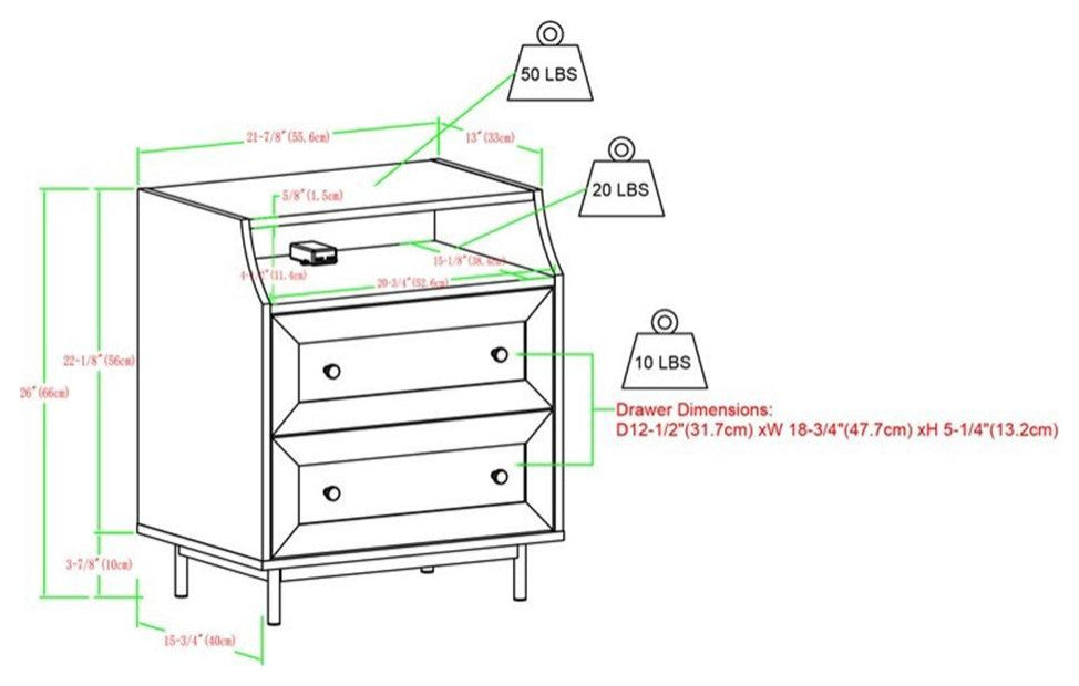 Pemberly Row 2-Drawer Bedroom Nightstand with USB in Dark Walnut (Set of 2)