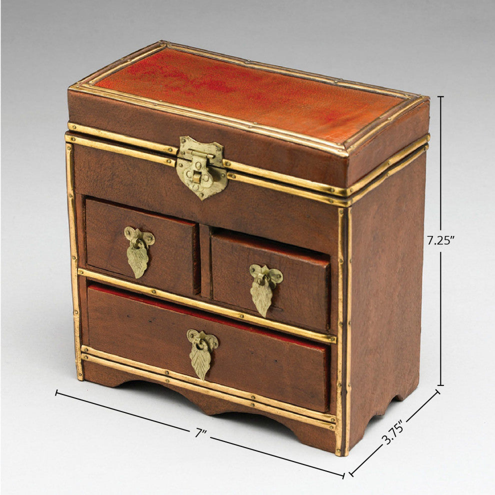 Wooden Lift Top Leather Wrapped Jewelry Box, Brown