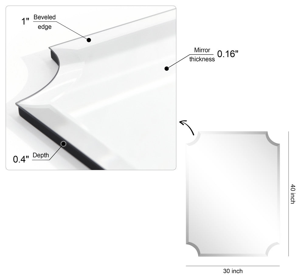 Frameless Rectangle Scalloped Beveled Wall Mirror, 1" Beveled Edge, 40"x30"