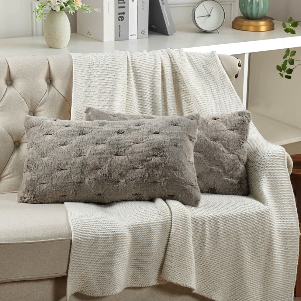 Jacquard Rabbit Faux Fur Pillow Cover 2 Piece Set, Grey, 14" X 26"