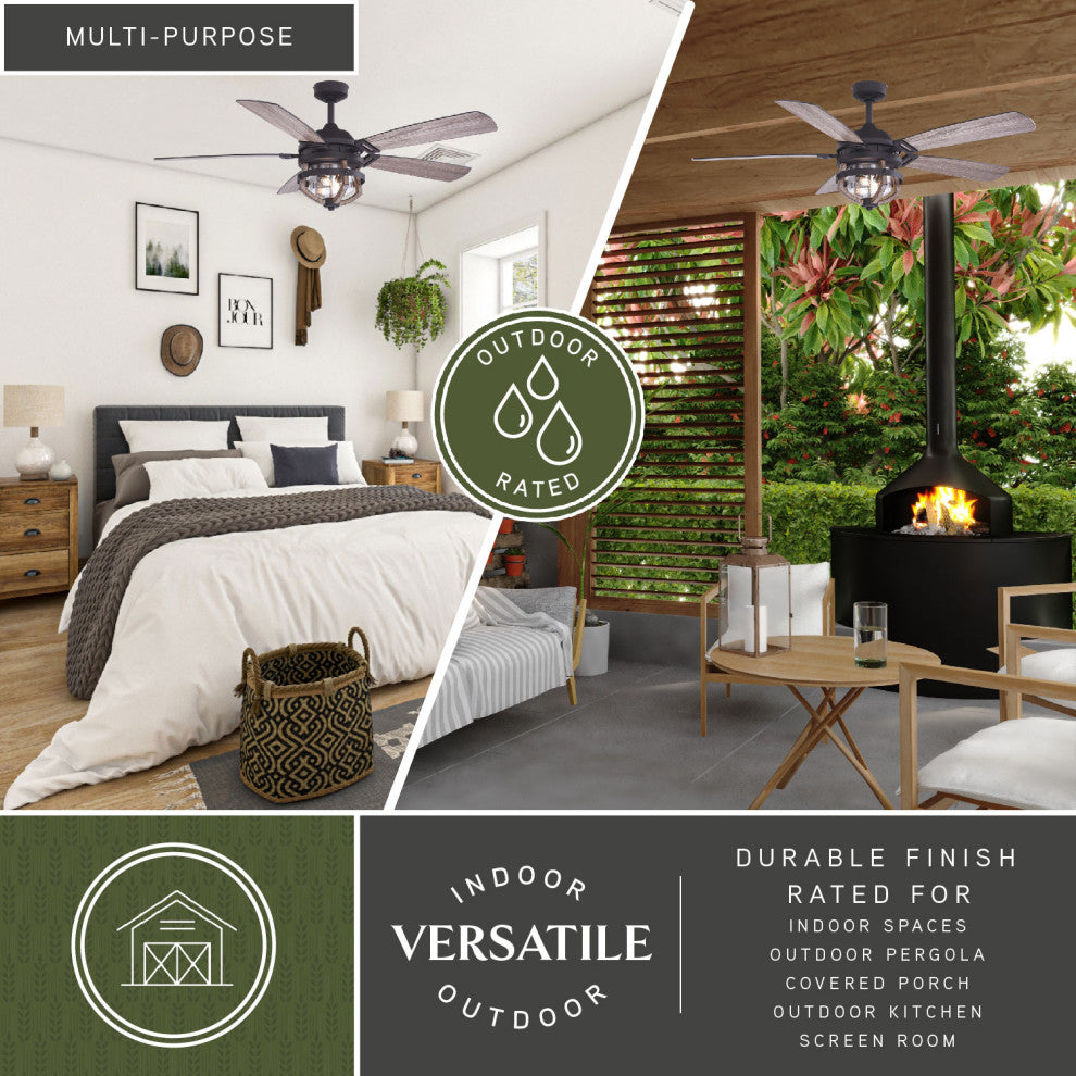 Barnes Matte Black Modern Farmhouse Indoor-Outdoor 54-in. Ceiling Fan Light Kit, Matte Black and Rustic Oak