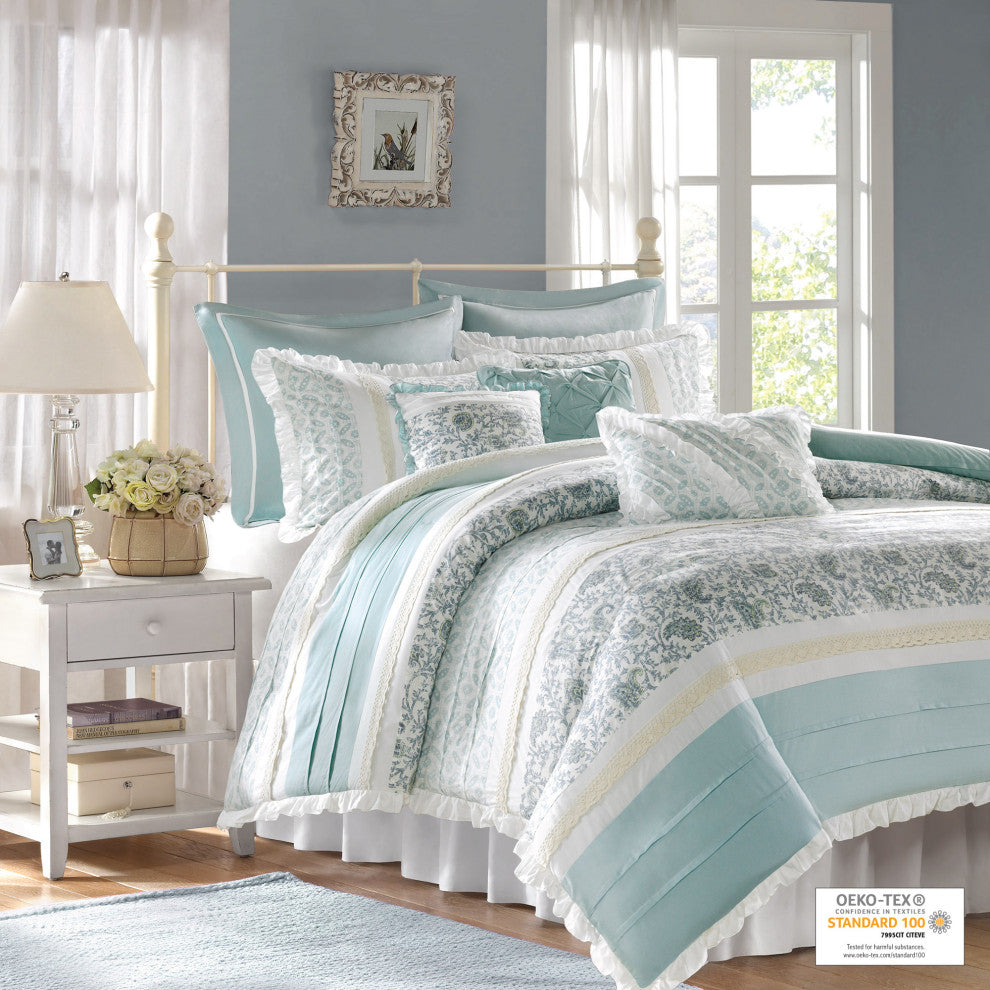 Madison Park Printed-Pieced 9-Piece Duvet Set With Pintuck, Aqua, Queen