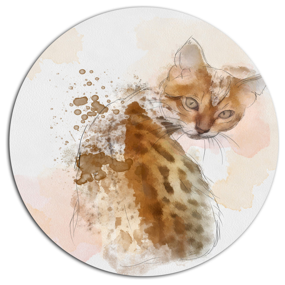 Cute Cat Sketch With Brown Splashes, Modern Animal Round Wall Art, 23"
